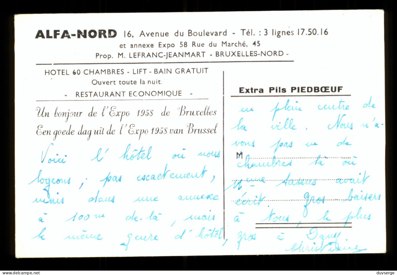 Belgique Bruxelles Hotel Alpha Nord Avenue Du Boulevard  ( Format 9cm X 14cm ) - Pubs, Hotels, Restaurants