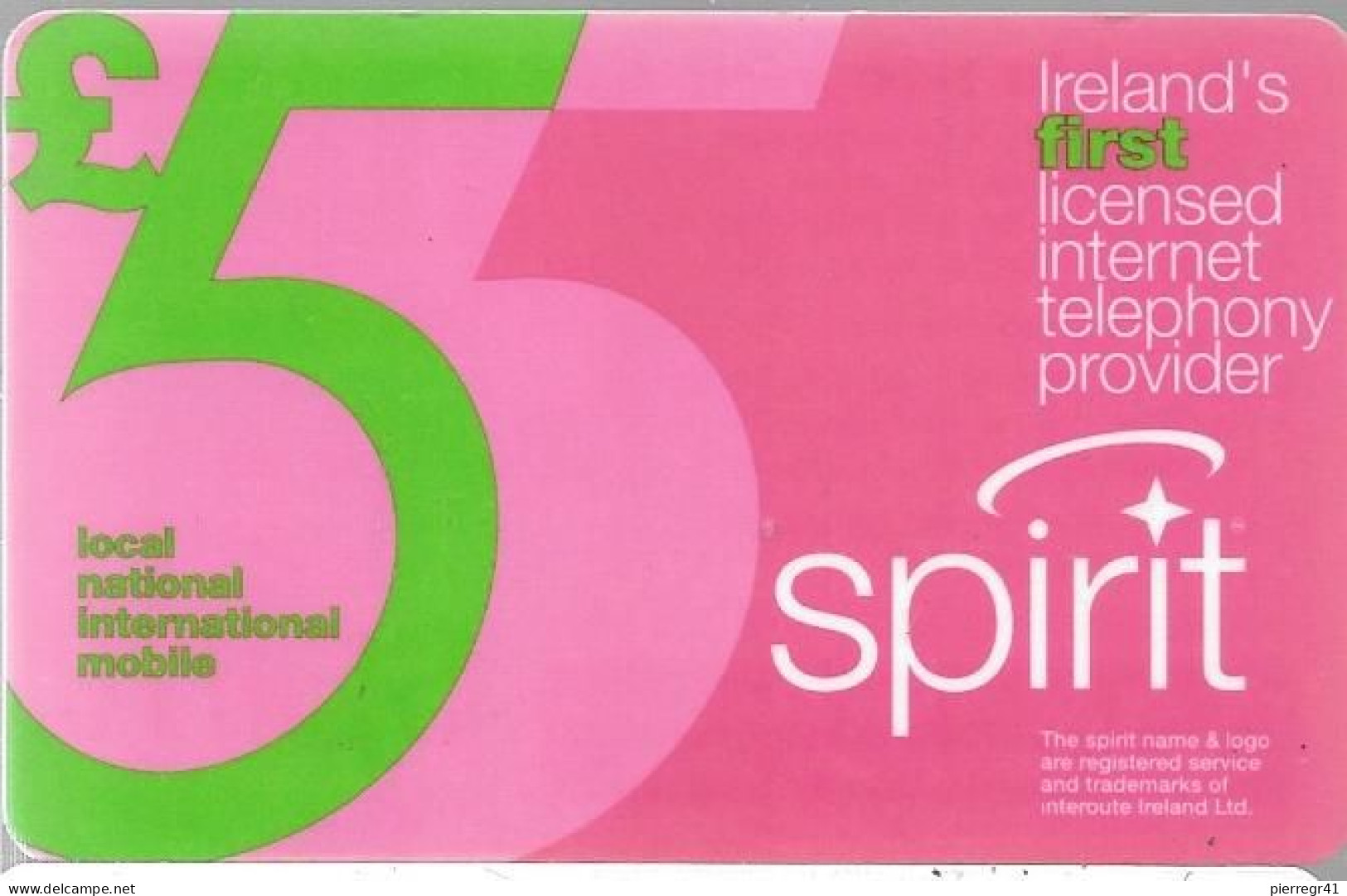 CARTE-PREPAYE-IRELANDE-SPIRIT- 5£--Gratté-Plastic Epais-TBE-RARE - Irlande