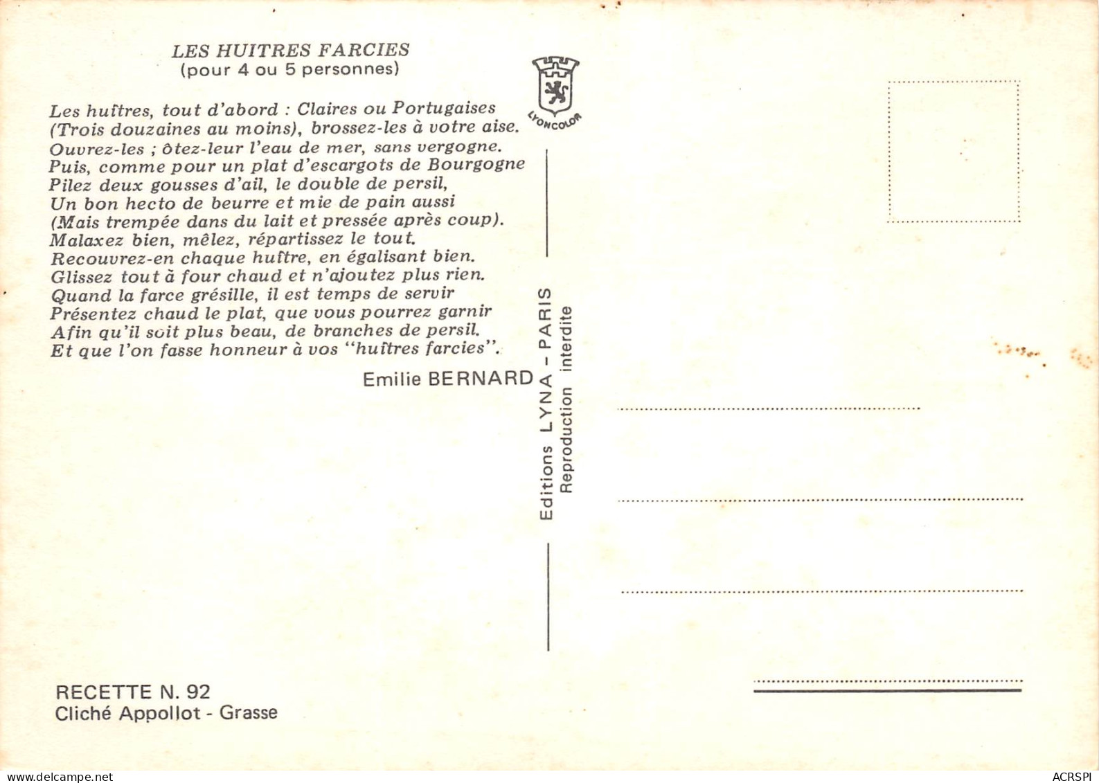 Recette  Huitres Farcies Crozon Morgat  Carte Vierge   2 (scan Recto-verso)MA2293 - Recepten (kook)