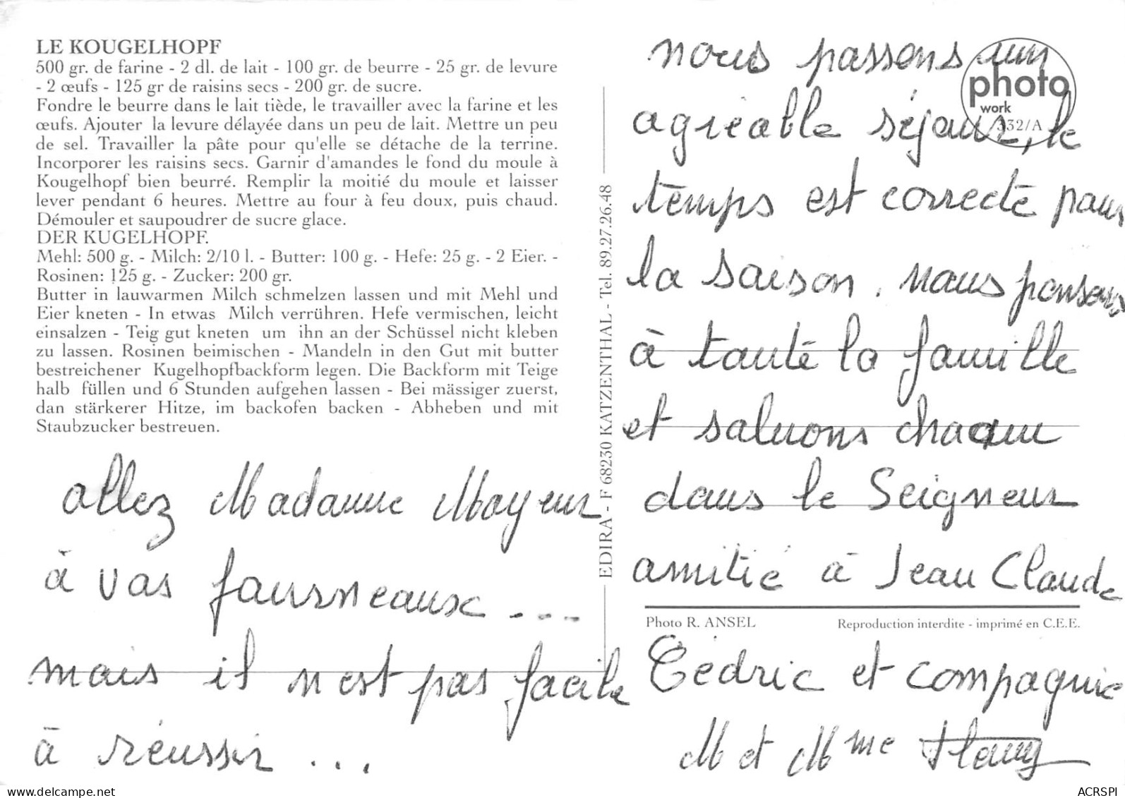 Recette  Du Kougelhopf  Ribeauvillé Alsace  12 (scan Recto-verso)MA2293 - Recetas De Cocina