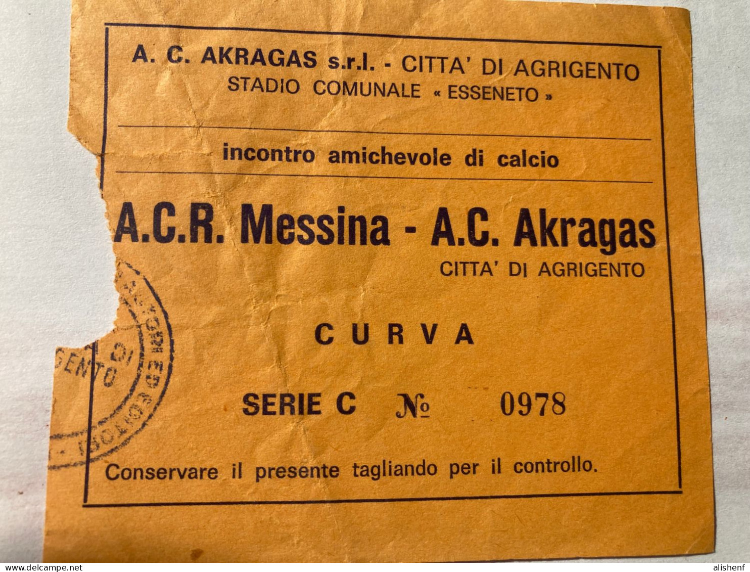 Biglietto Stadio Esseneto Agrigento Akragas - Messina Amichevole Di Calcio - Tickets - Entradas