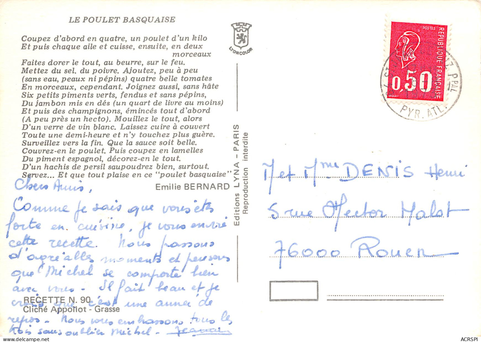 Recette  POULET BASQUAISE  Pays Basque  26 (scan Recto-verso)MA2293 - Recipes (cooking)