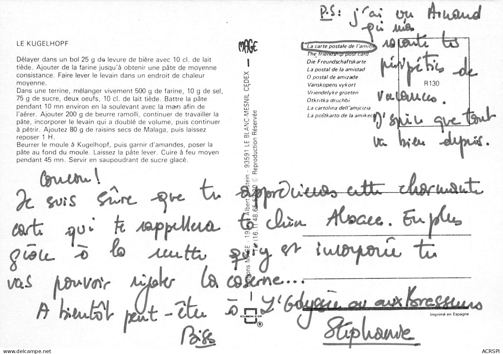 Ribeauvillé Alsace  Recette  Du Kougelhopf     29 (scan Recto-verso)MA2293 - Recetas De Cocina