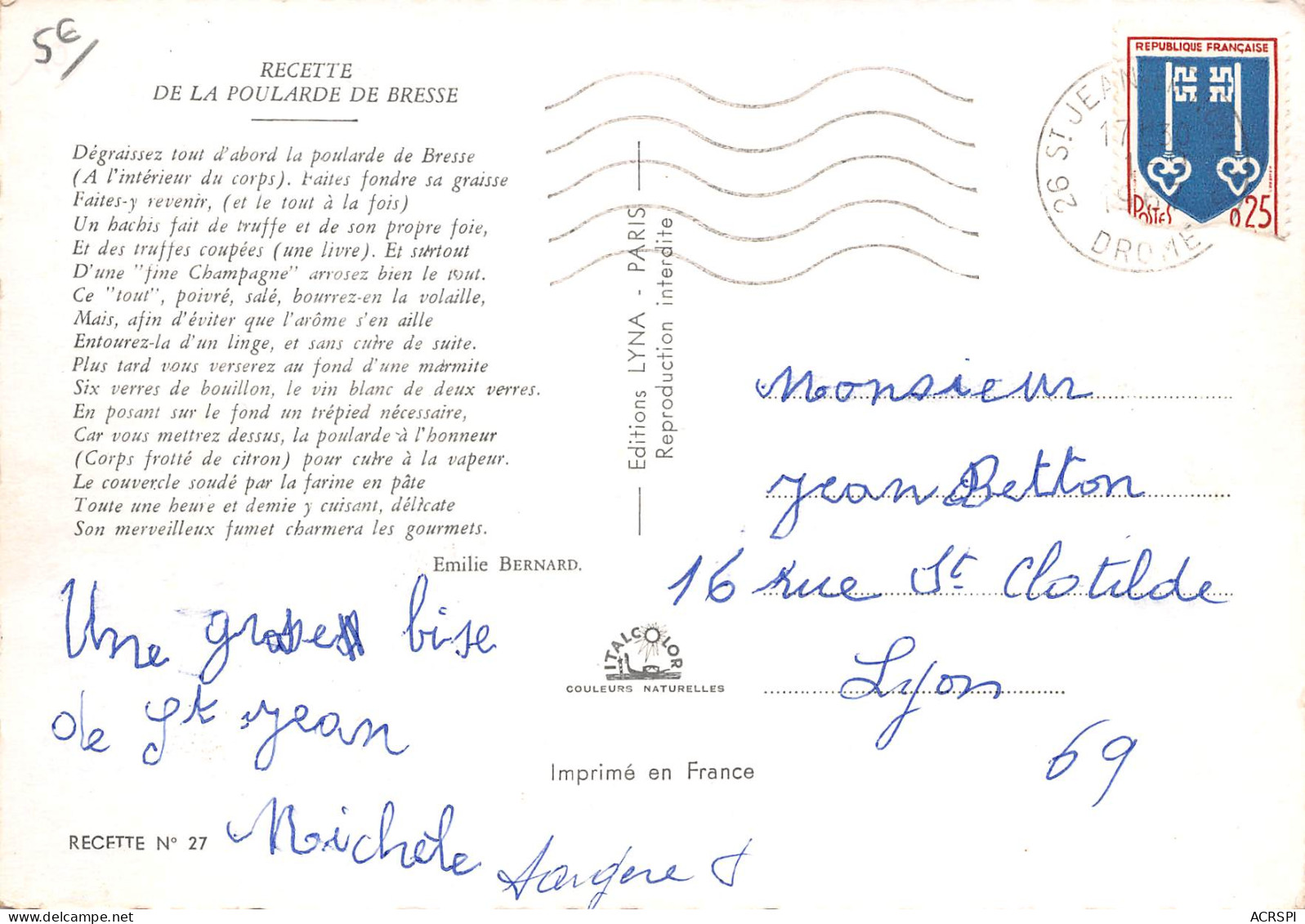 Recette  Poularde De Bresse  Bourg-en-Bresse  Louhans  48 (scan Recto-verso)MA2293 - Küchenrezepte