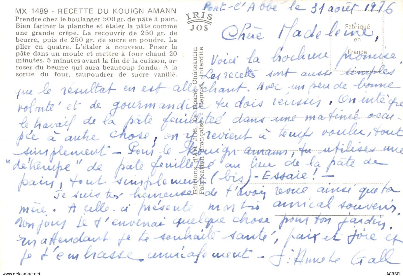 Recette Kouign Amann Douarnenez Bretagne  53 (scan Recto-verso)MA2293 - Recetas De Cocina