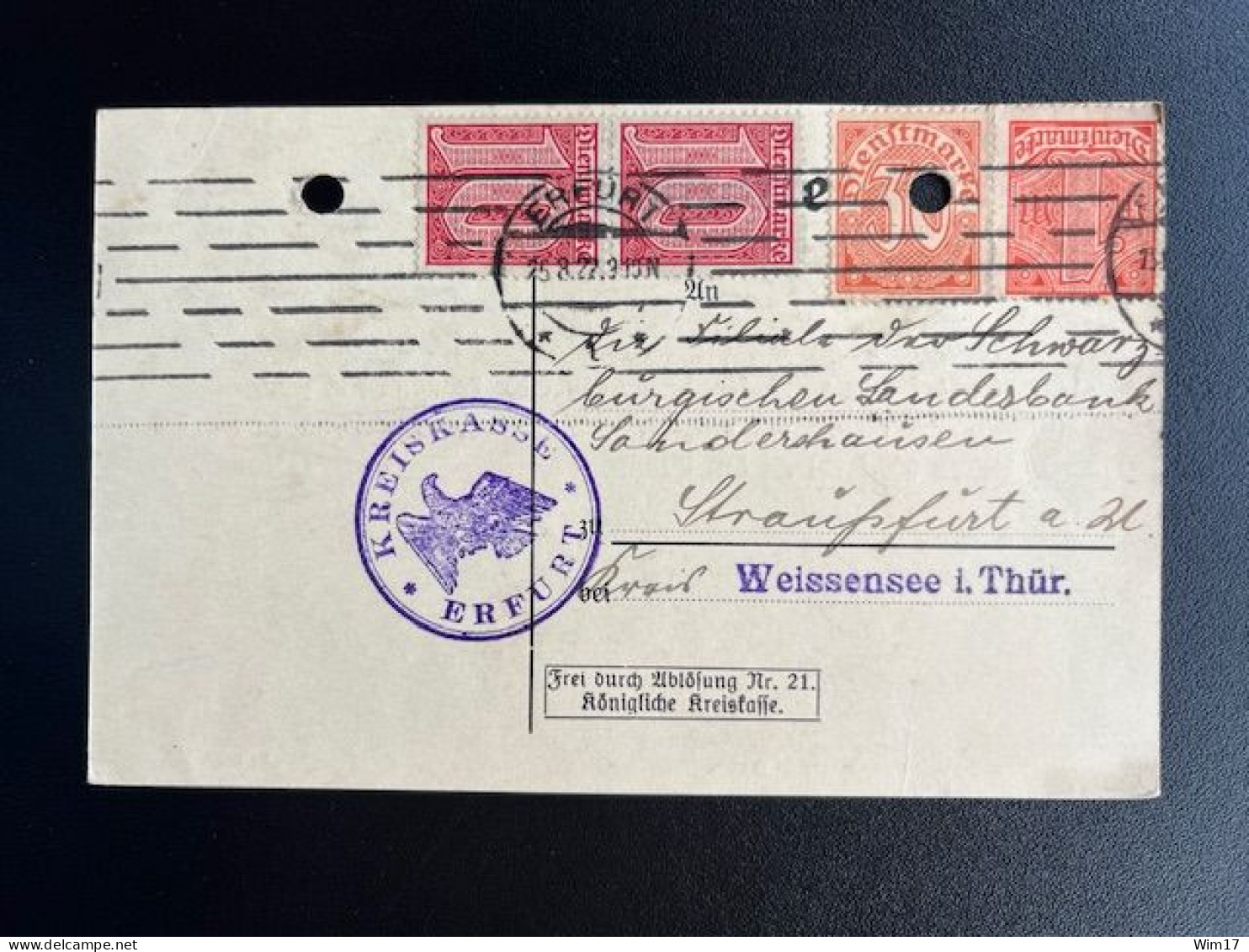 GERMANY 1923 POSTCARD ERFURT TO STRAUSSFURT 25-08-1922 DUITSLAND DEUTSCHLAND - Covers & Documents