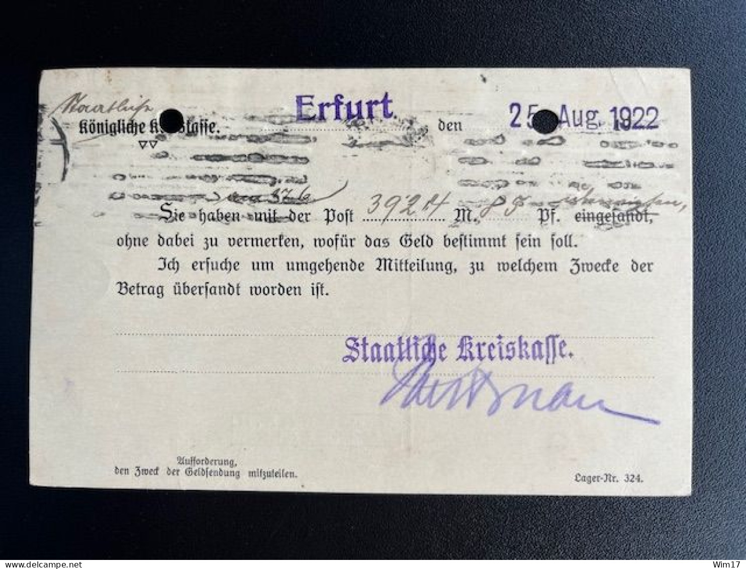 GERMANY 1923 POSTCARD ERFURT TO STRAUSSFURT 25-08-1922 DUITSLAND DEUTSCHLAND - Covers & Documents
