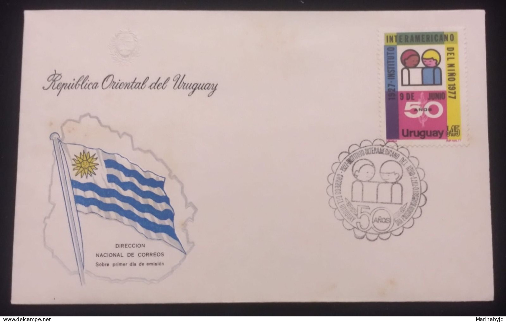 D)1977, URUGUAY, FIRST DAY COVER, ISSUE, 50TH ANNIVERSARY OF THE INTER-AMERICAN CHILDREN'S INSTITUTE, FDC - Uruguay