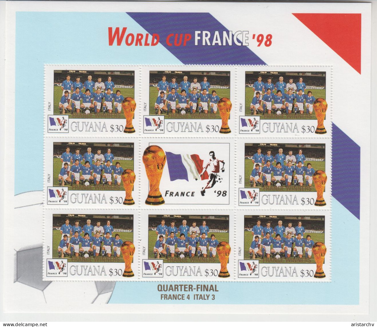 GUYANA 1998 FOOTBALL WORLD CUP 8 STAMPS AND 8 SHEETLETS OVERPRINT