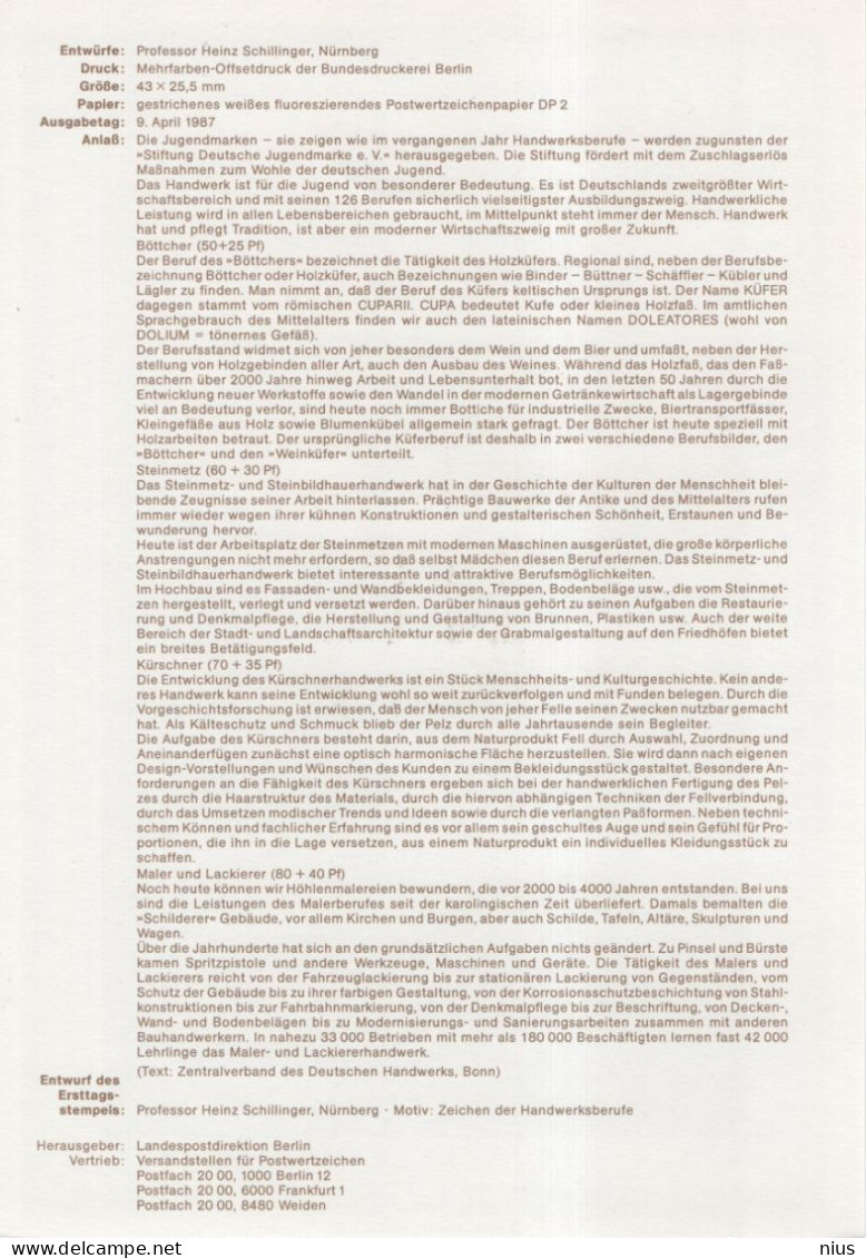 Germany Deutschland 1987-5 Für Die Jugend, Professions Craft Trades Handwerksberufe, Canceled In Berlin - 1981-1990