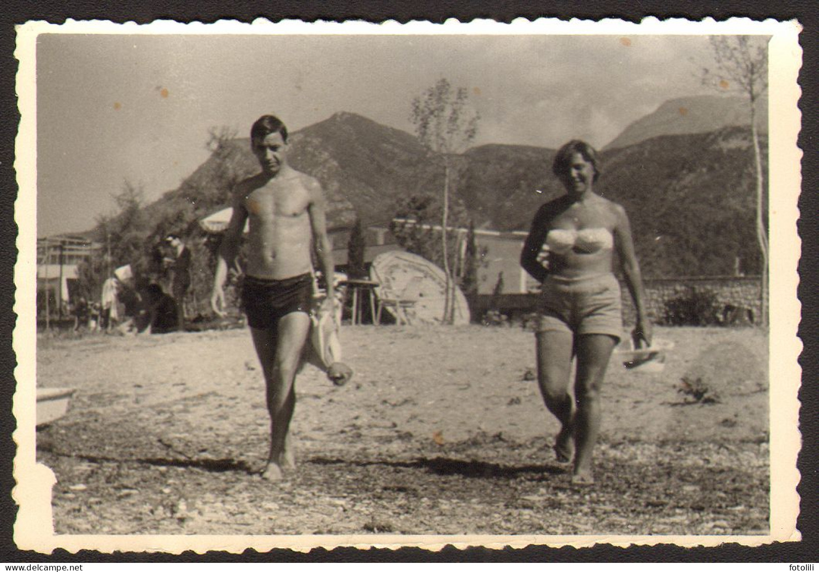 Couple Bikini Woman Girl And Trunks Muscular Man On Beach   Old Photo 9x6cm #41181 - Anonymous Persons