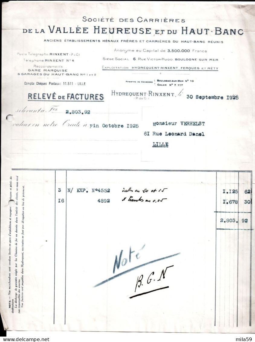 Sté Des Carrières De La Vallée Heureuse Et Du Haut Banc. Hydrequent Rinxent. Ferques Réty à M. Verhelst à Lille. 1925 - 1900 – 1949