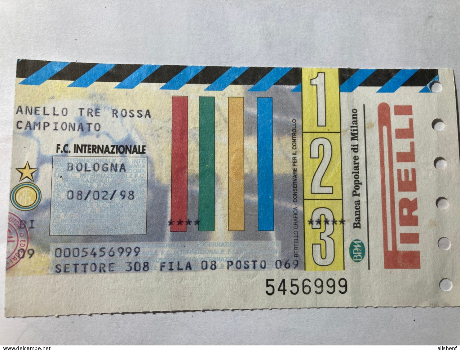 Biglietto Stadio G. Meazza Milano Inter - Bologna Campionato Serie A 1997-98 - Tickets D'entrée