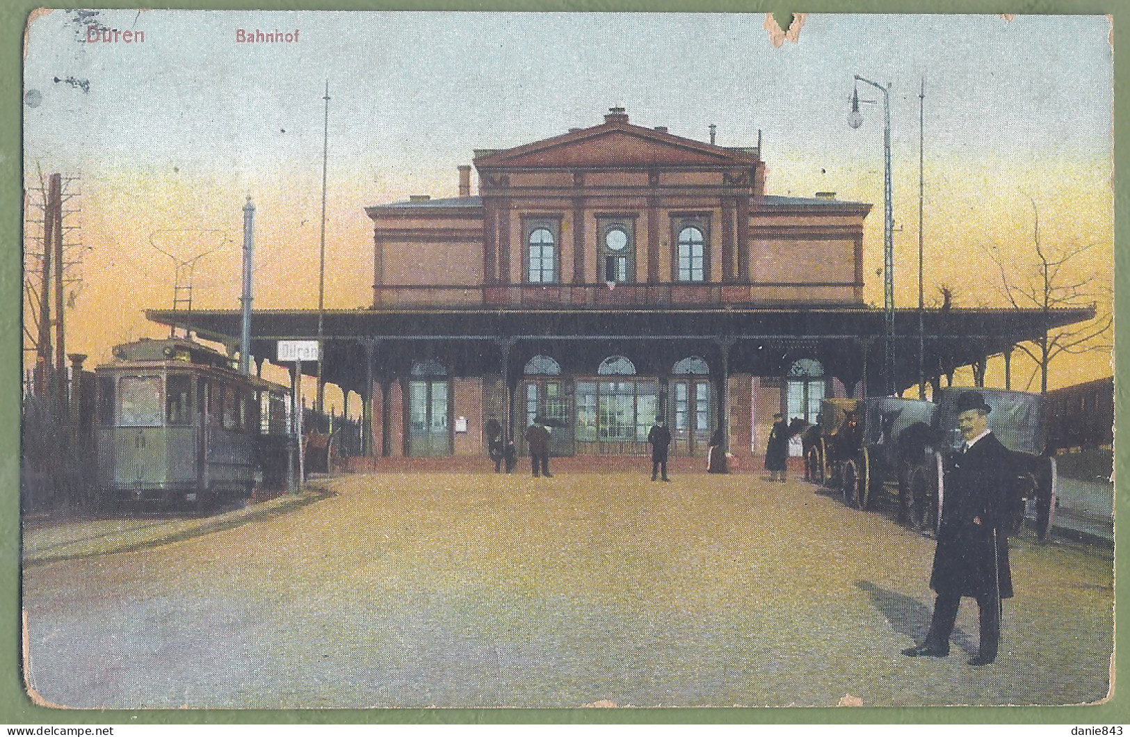 CPA Vue Très Rare - ALLEMAGNE - DUREN (Dueren) - BAHNHOF - Animation Tramway Et Attelages (Straßenbahn, Kutschen) - Düren