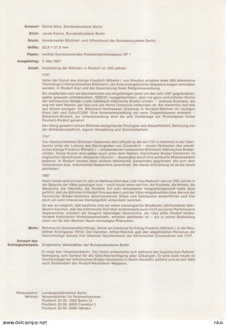 Germany Deutschland 1987-6 250th Anniv. Of The Bohemian Settlement In Rixdorf, Ansiedlung Der Bohmen, Berlin - 1981-1990