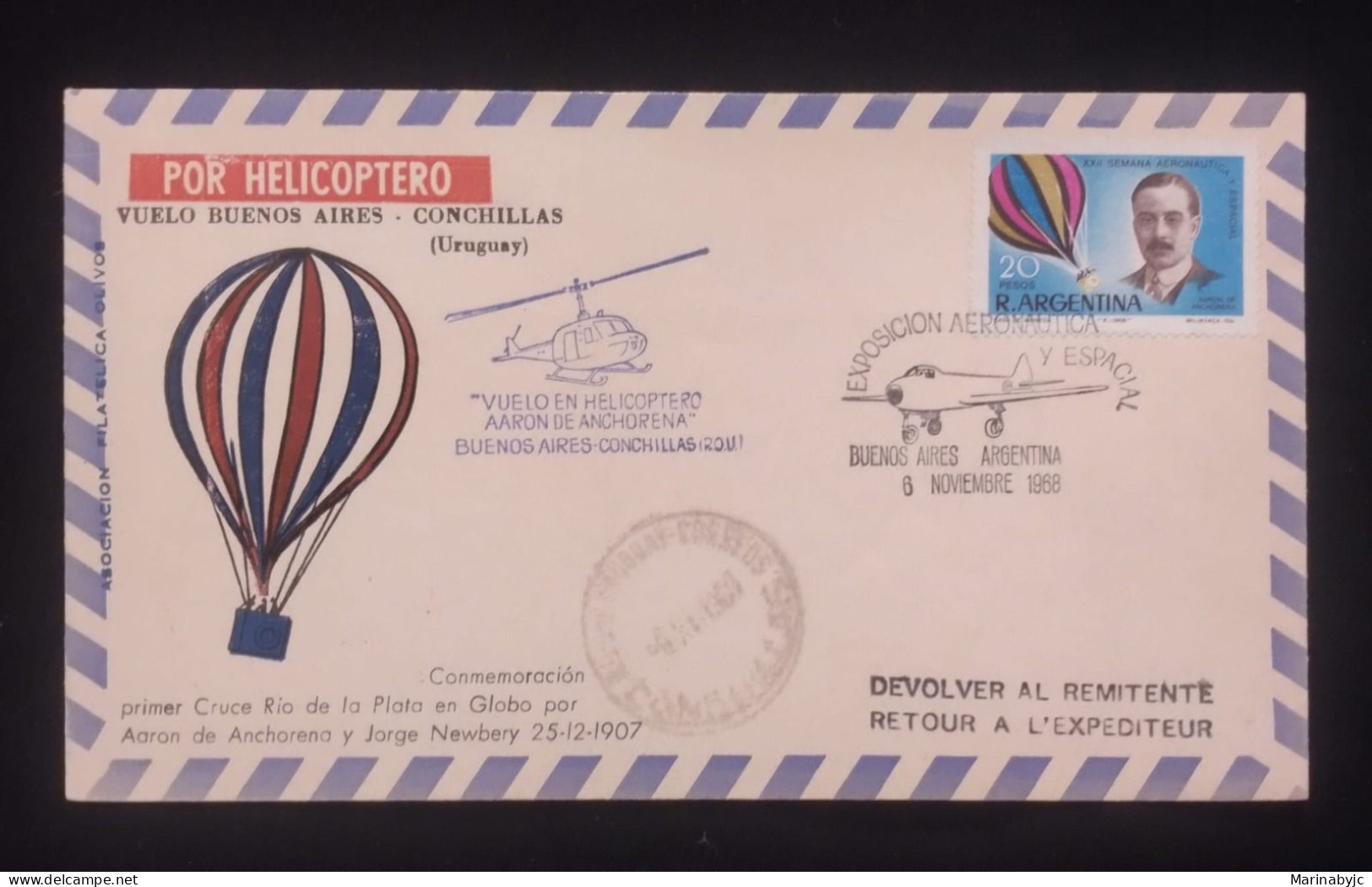 D)1968, ARGENTINA, LETTER SENT TO URUGUAY, HELICOPTER FLIGHT, COMMEMORATION OF THE FIRST CROSSING OF THE RIO DE LA PLATA - Autres & Non Classés