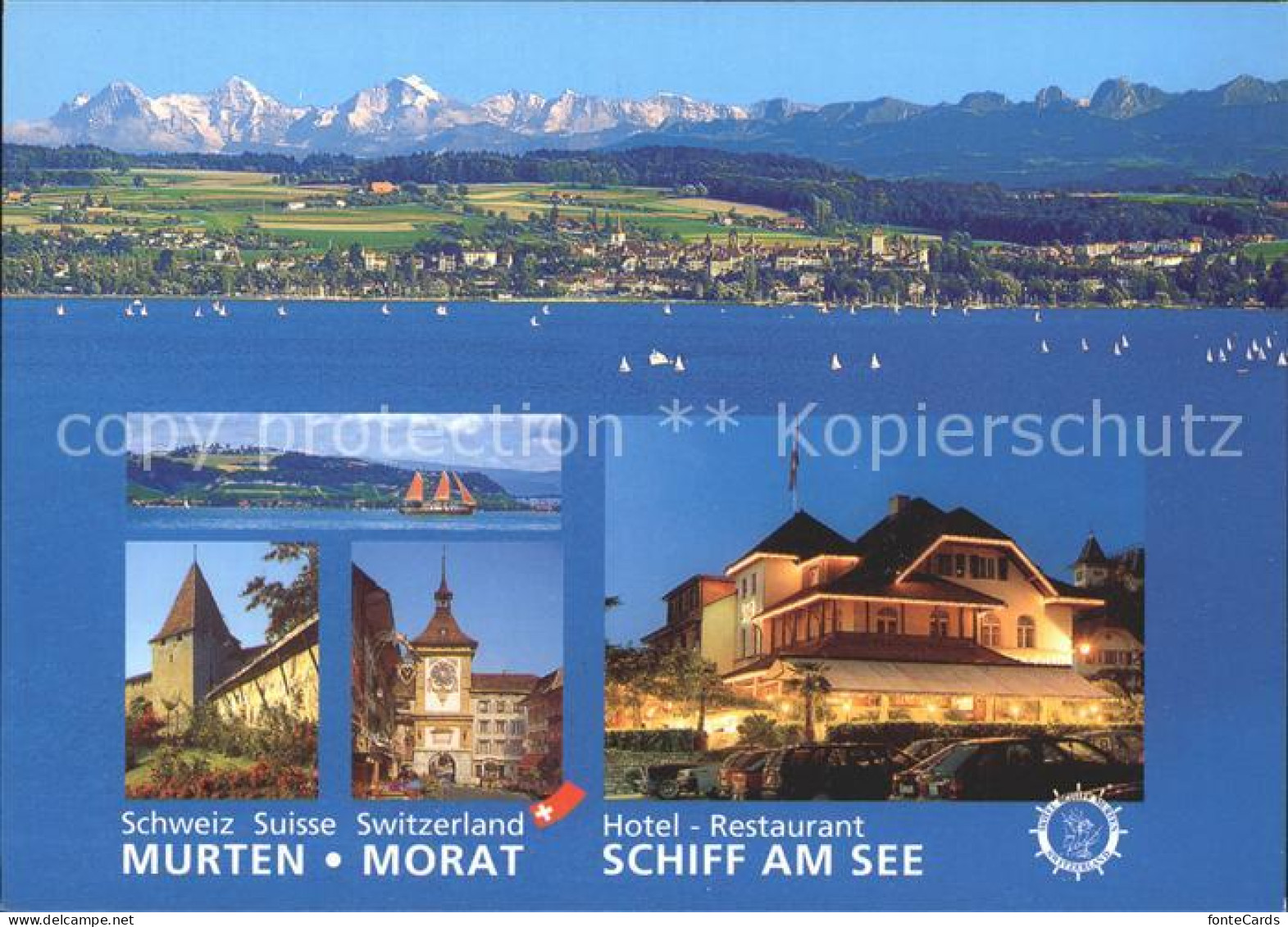 12219473 Murten Morat Panorama Burg Stadttor Hotel Restaurant Schiff Am See Murt - Sonstige & Ohne Zuordnung