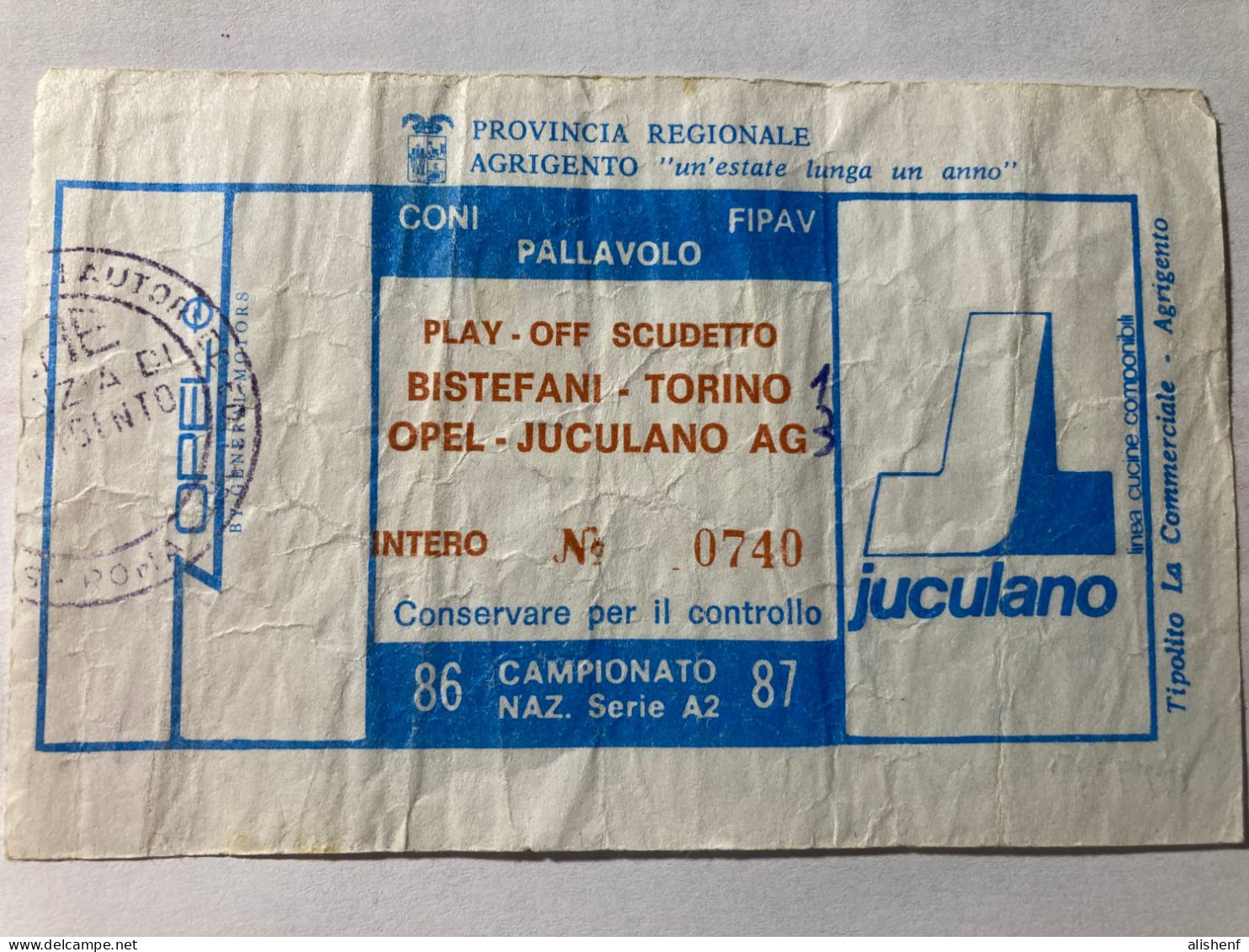 Biglietto Pallavolo Maschile A2 Play Off Scudetto Opel Juculano Agrigento Bistefani Torino 1986-87 - Tickets D'entrée
