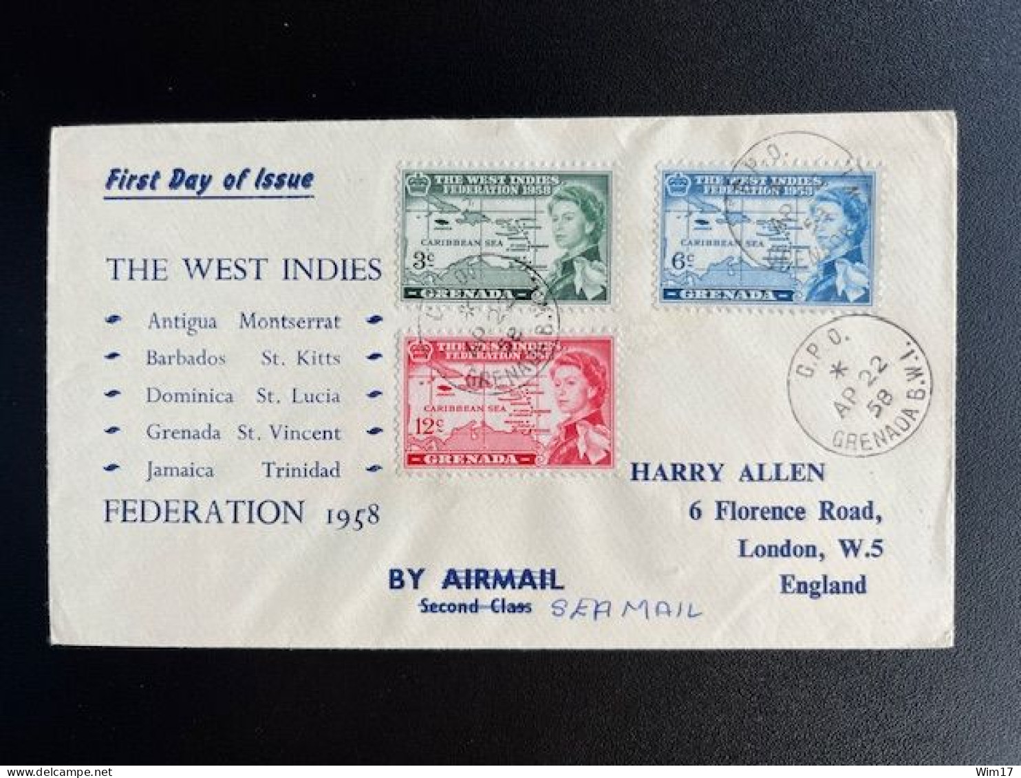 GRENADA 1958 CIRCULATED FDC WEST INDIES FEDERATION 22-04-1958 SEND TO LONDON - Granada (...-1974)