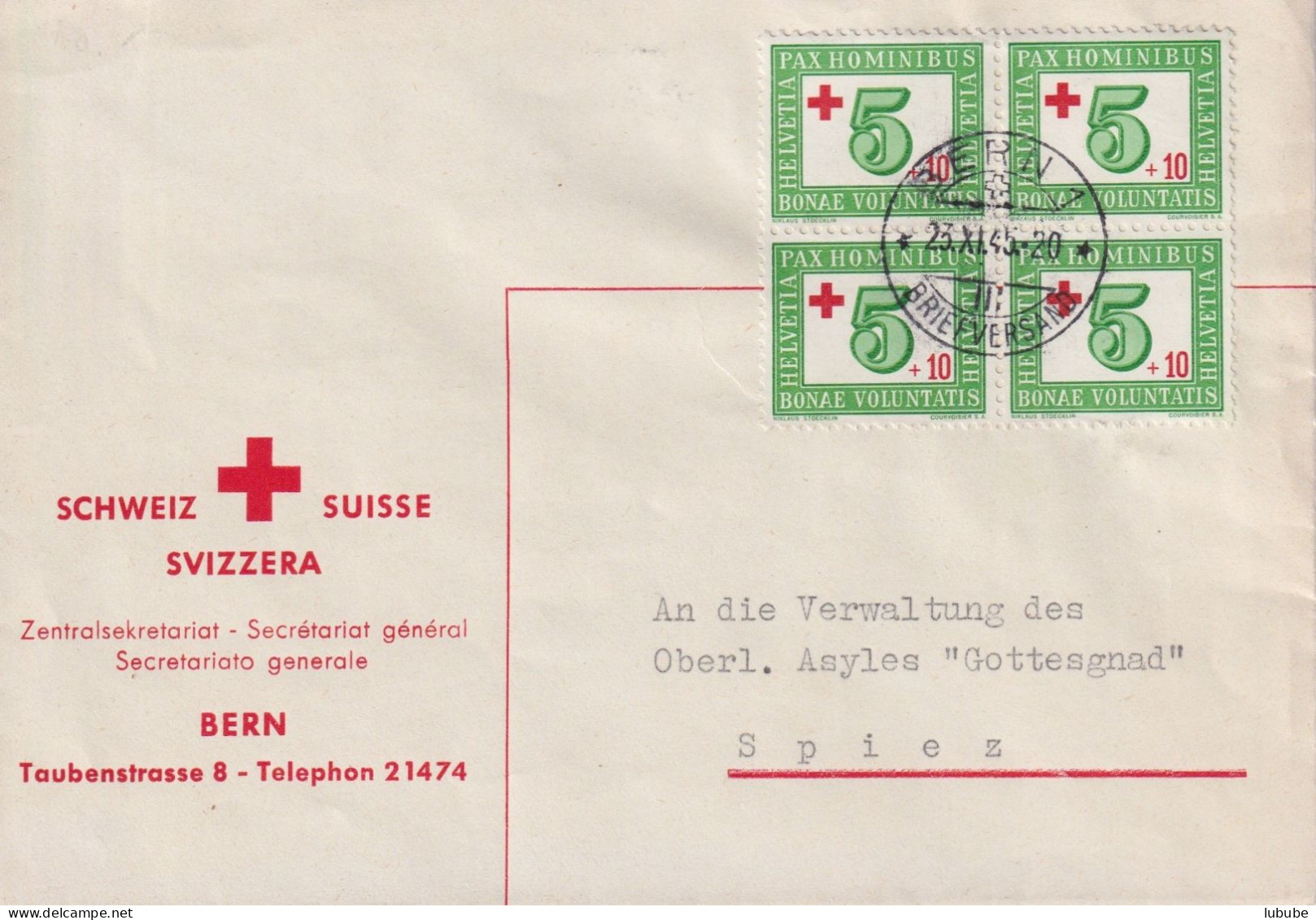 Motiv Brief  "Zentralsekretariat Rotes Kreuz, Bern"        1945 - Lettres & Documents