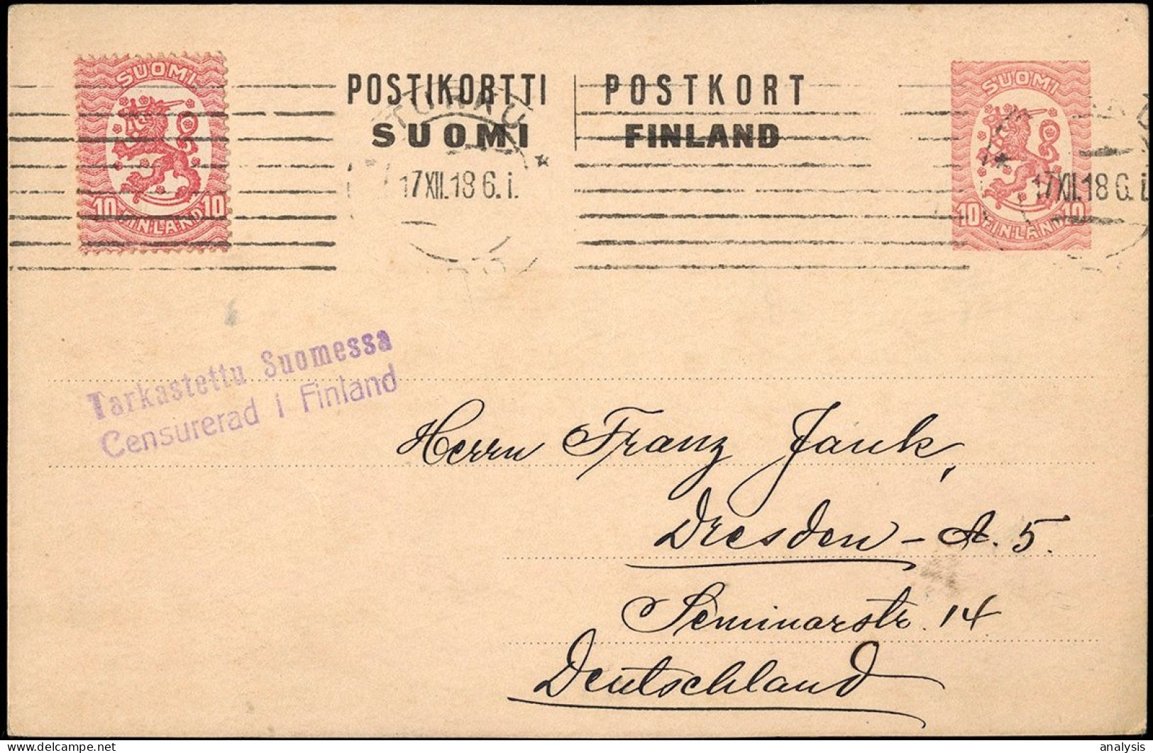 Finland Turku Uprated 10P Postal Stationery Card Mailed To Germany 1918 Censor - Covers & Documents