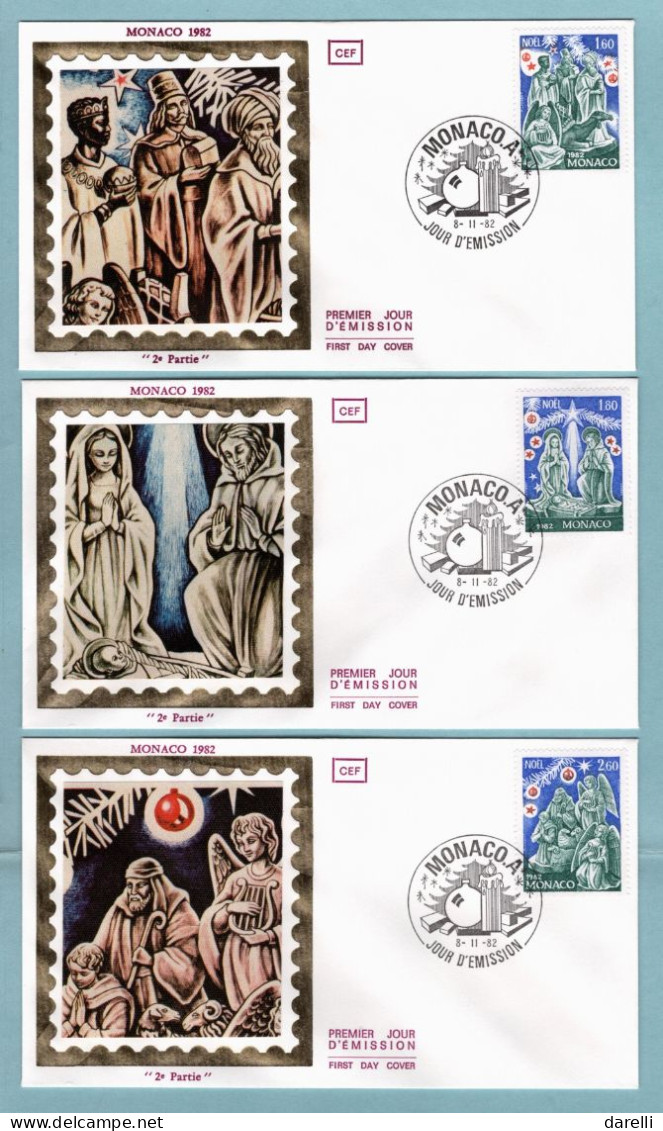 FDC Monaco 1982 - Noël 1981 - YT 1352 Les Rois Mages - YT 1353 La Sainte Famille - YT 1354 Les Berges - FDC