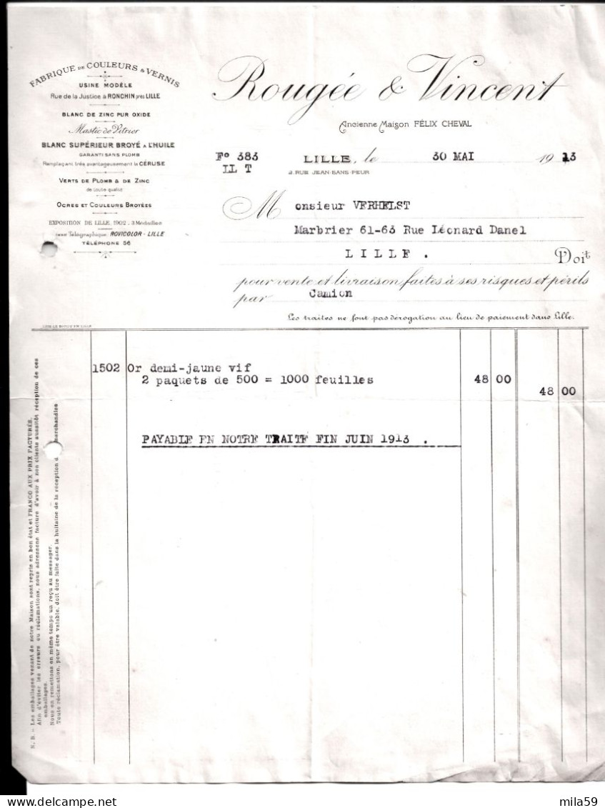Fabrique De Couleurs Et Vernis. Rougée & Vincent, Anc Maison Félix Cheval à Lille. à M. Verhelst, Marbrier à Lille. 1929 - 1900 – 1949