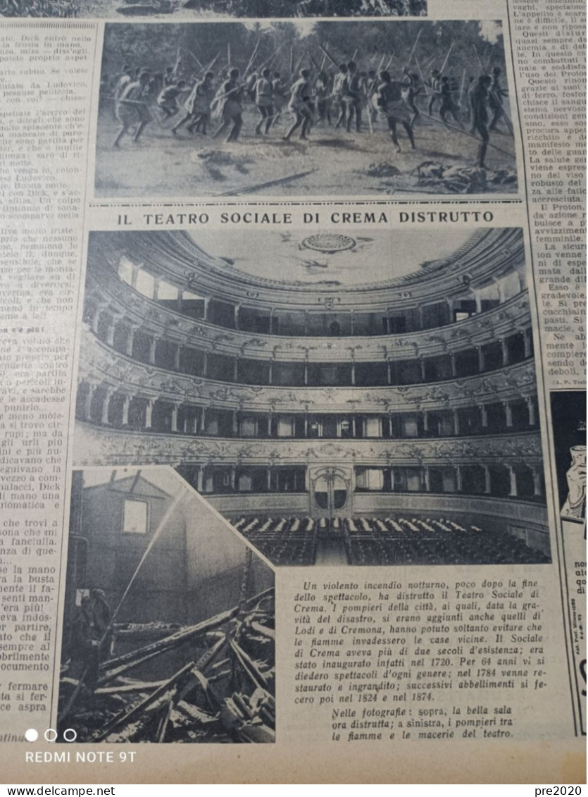 LA DOMENICA DEL CORRIERE 1937 TEATRO SOCIALE DI CREMA DISTRUTTO MONSELICE MASSALOMBARDA - Otros & Sin Clasificación