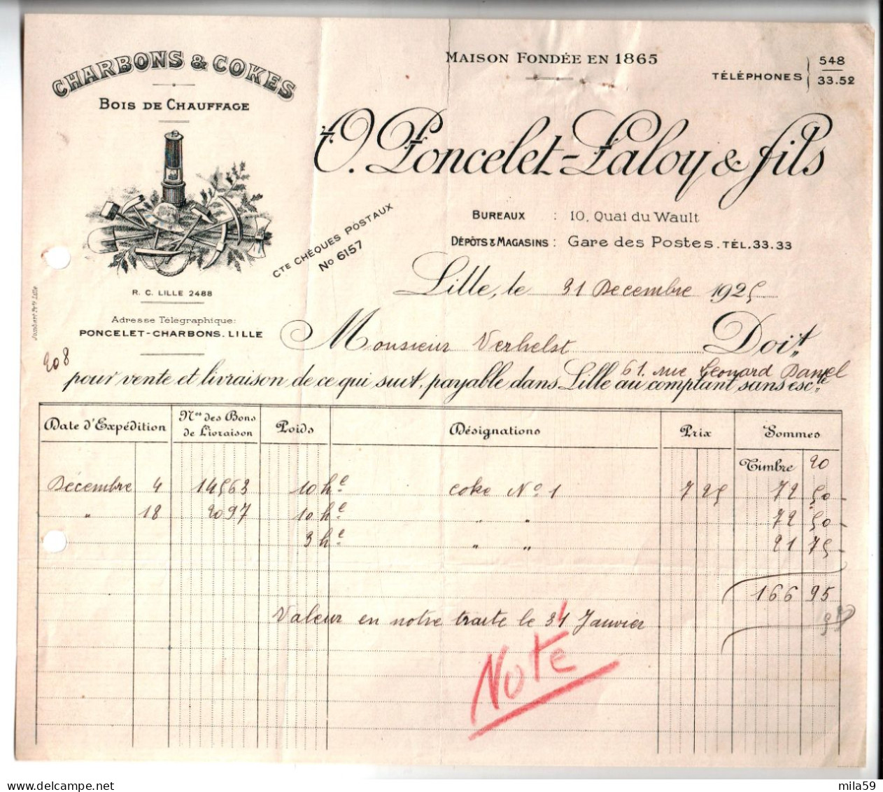 O. Poncelet Laloy & Fils. Charbons & Cokes, Bois, à Lille. Maison Fondée En 1865. à M. Verhelst, Marbrier à Lille. 1925. - 1900 – 1949