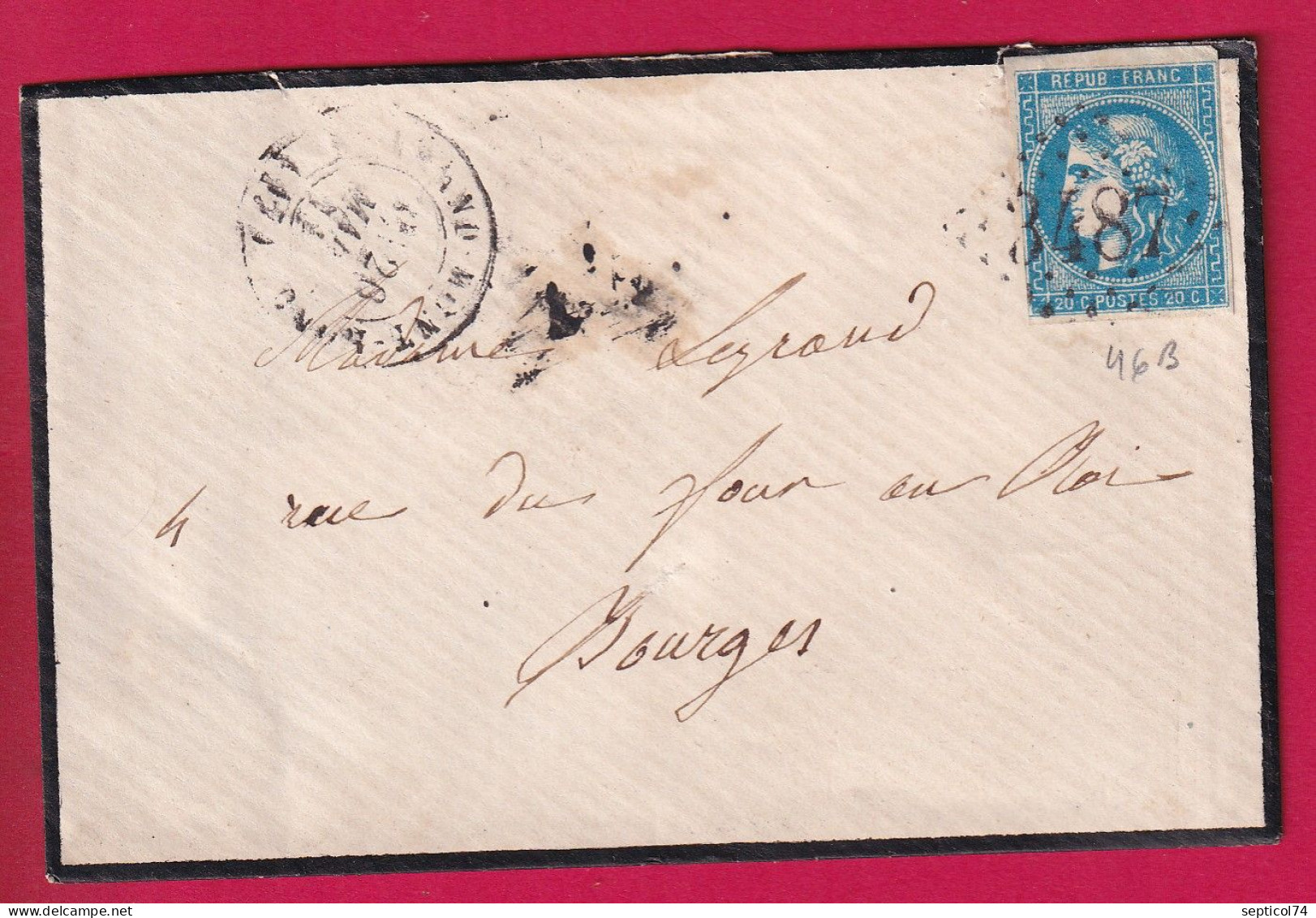 N°46B GC 3487 ST AMAND MONTROND CHER POUR BOURGES 26 MAI 1871 LETTRE - 1849-1876: Klassik