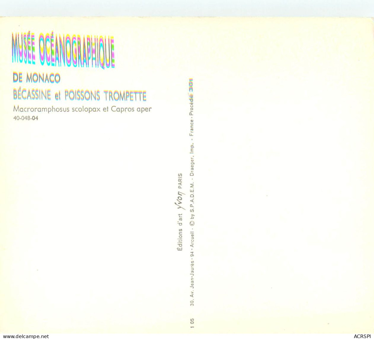 Principaute De MONACO  Musee Oceanograhique  BECASSINE ET POISSONS TROMPETTE 25(scan Recto-verso) MC2462 - Andere & Zonder Classificatie