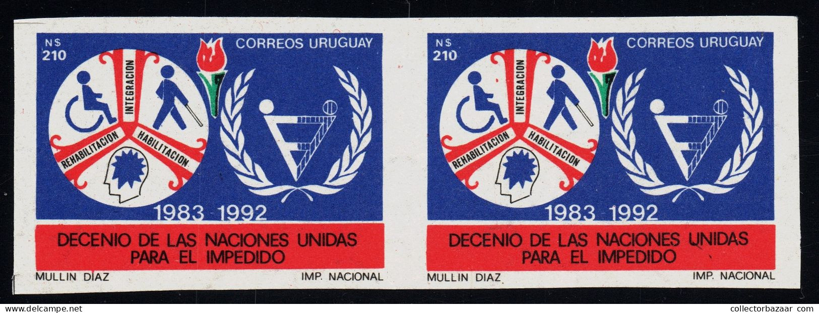 Handicap Menta Disease Blind Wheelchair Uruguay ONU Imperforated Pair MNH - Handicap