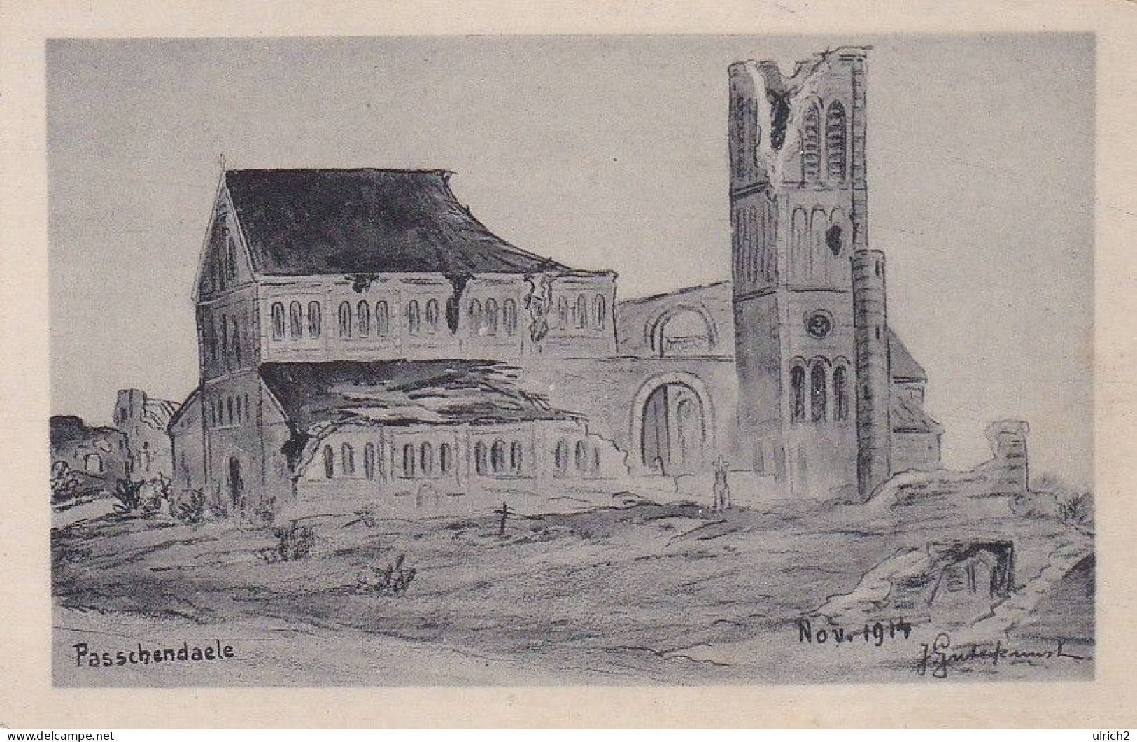 AK Passchendaele - Kirche Von Englischer Artillerie Zerstört - Künstlerkarte -  Nov. 1914 (69037) - Zonnebeke