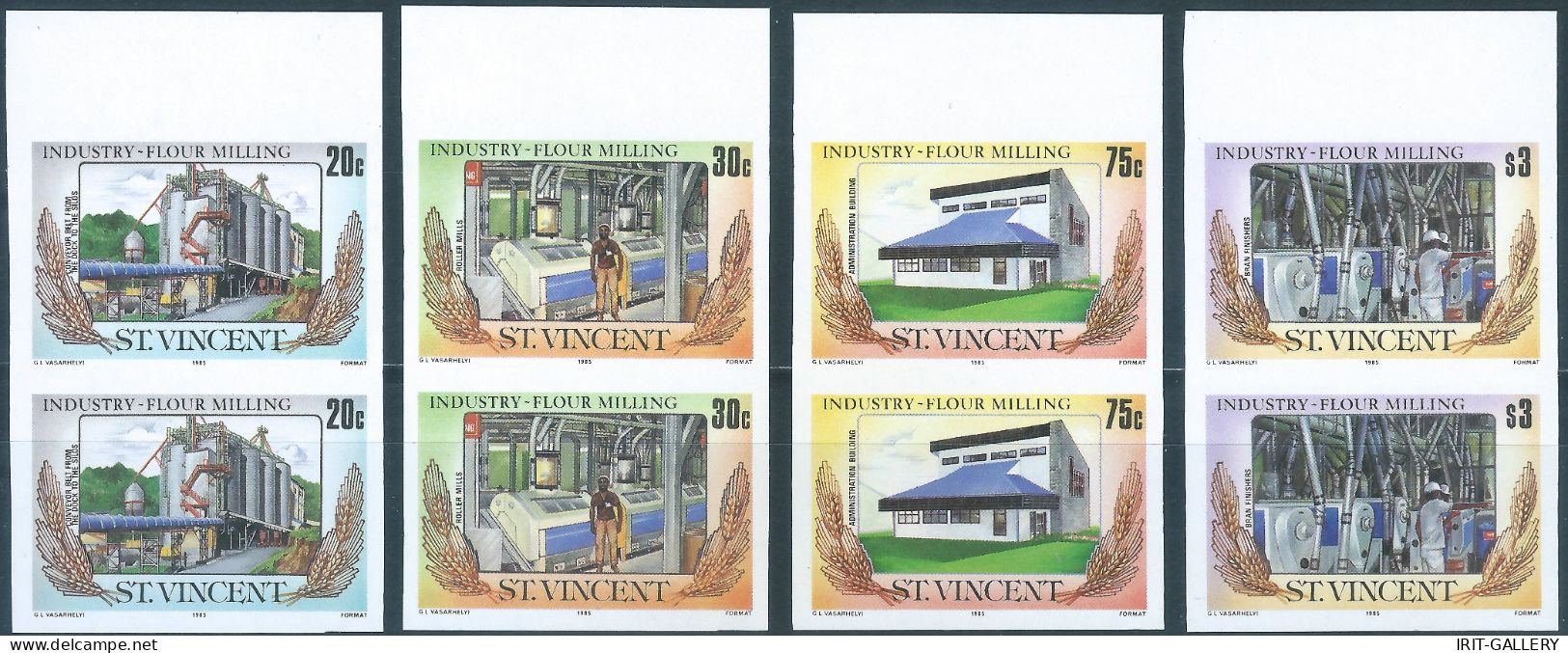 St.Vincent 1985 Industry - Grain Mill,Set Of 4 Imperforate,2 Complete Series In Pairs,MNH - St.Vincent (1979-...)