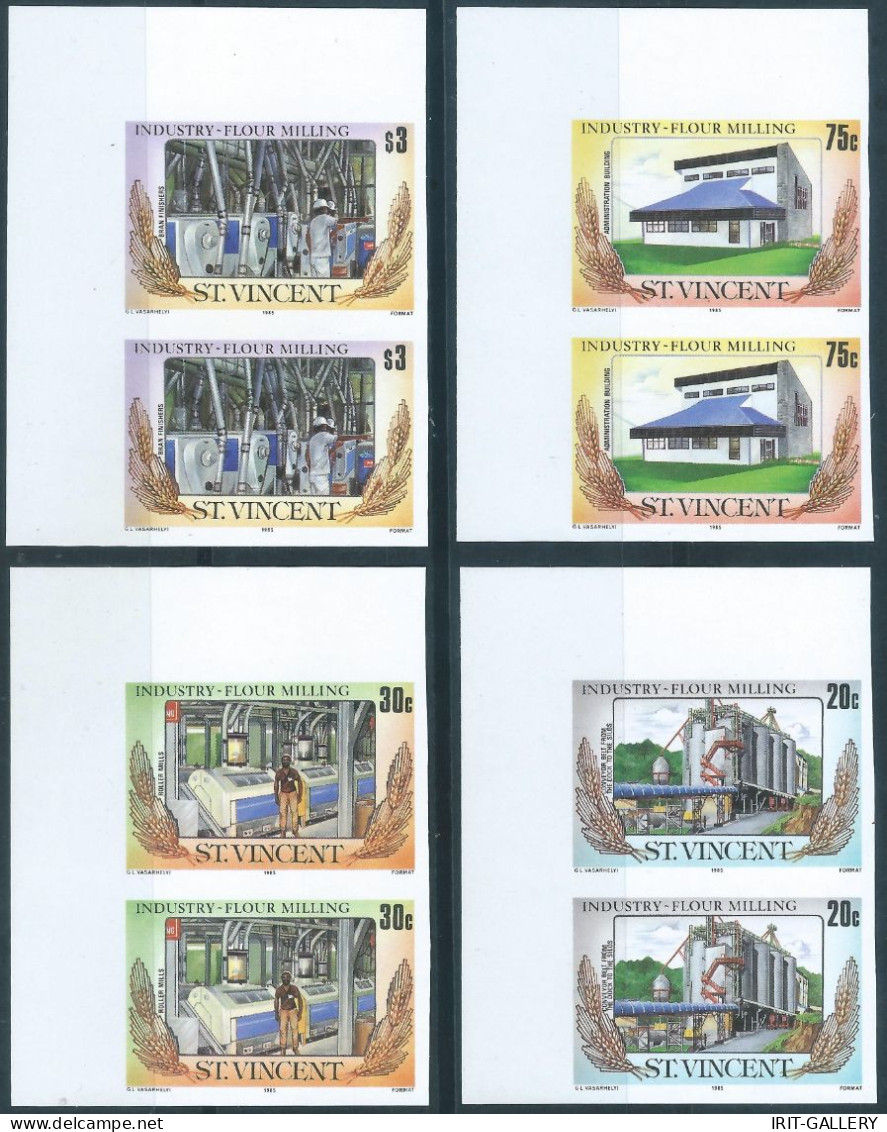 St.Vincent 1985 Industry - Grain Mill,Set Of 4 Imperforate,2 Complete Series In Pairs,MNH - St.Vincent (1979-...)