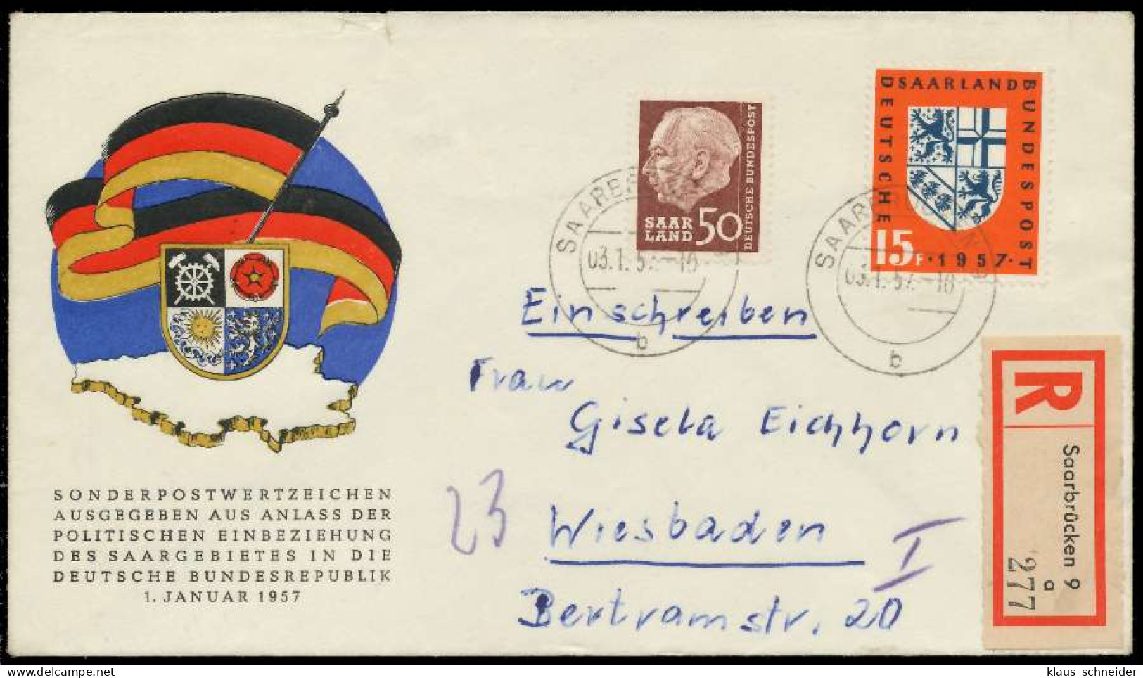 SAAR OPD 1957 Nr 393 U.a. BRIEF MIF X78DCFE - Covers & Documents