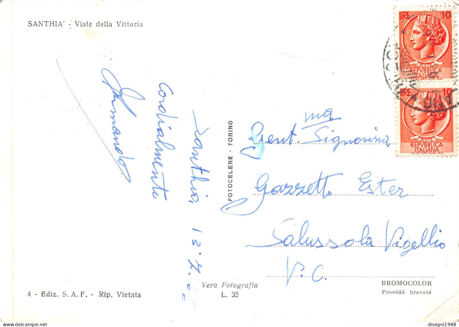 12787 "SANTHIA' (VC) - VIALE DELLA VITTORIA - STAZ. DI SERV. ESSO" CART. ORIG. ILLUSTR. SPED. 1972 - Vercelli