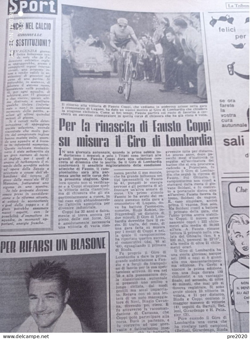 LA TRIBUNA ILLUSTRATA 1951 FAUSTO COPPI GIRO DI LOMBARDIA - Otros & Sin Clasificación