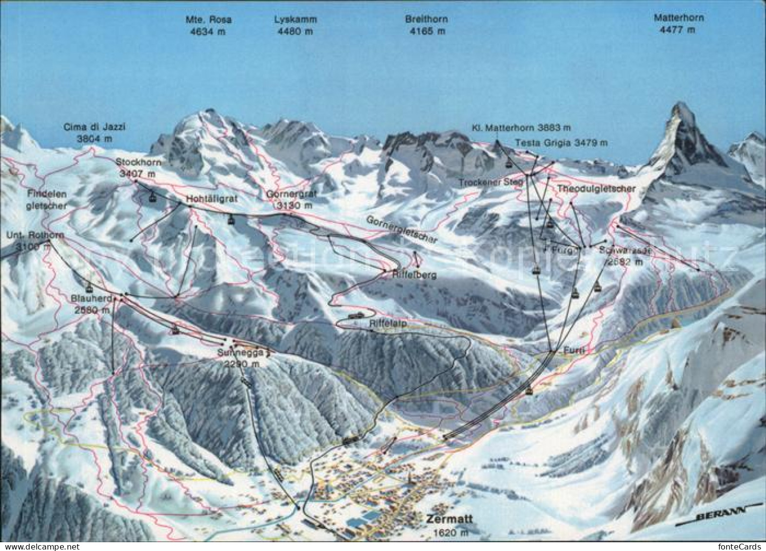 12133083 Zermatt VS Panoramakarte Matterhorn Breithorn Lyskamm   - Autres & Non Classés