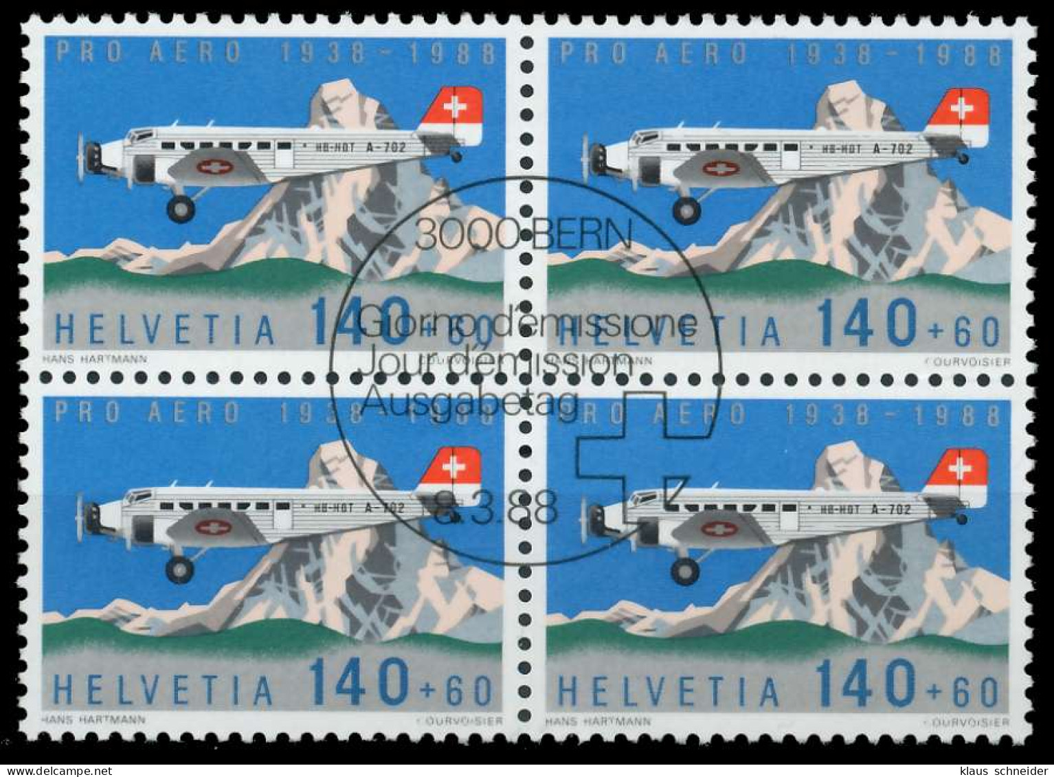 SCHWEIZ FLUGMARKEN Nr 1369 Zentrisch Gestempelt VIERERBLOCK X075ADE - Usados