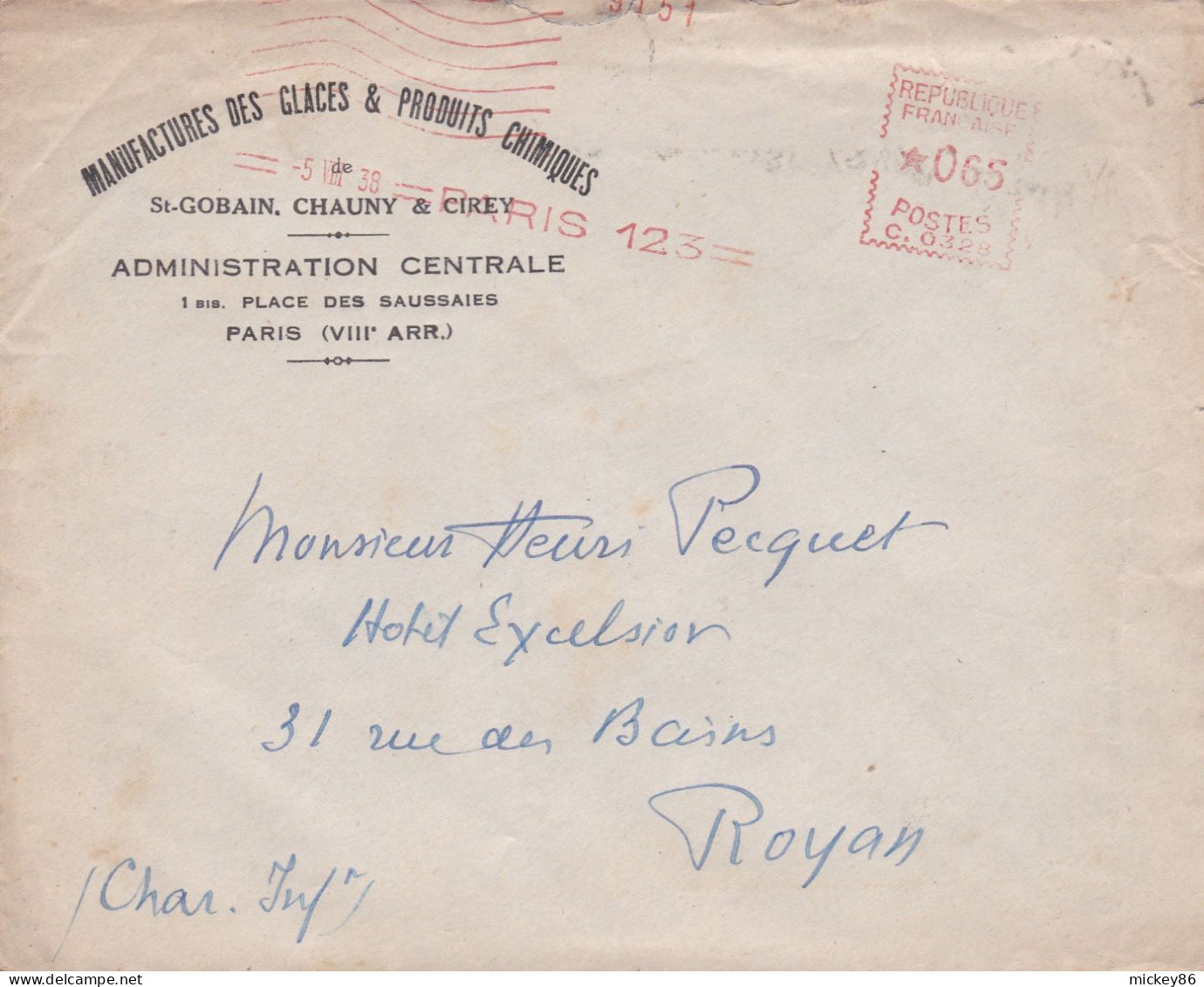 1938--lettre PARIS 123  Pour ROYAN-17 ,EMA ,cachet Date 5-8-1938-Pub Manufactures Des Glaces & Produits Chimiques - 1921-1960: Modern Period