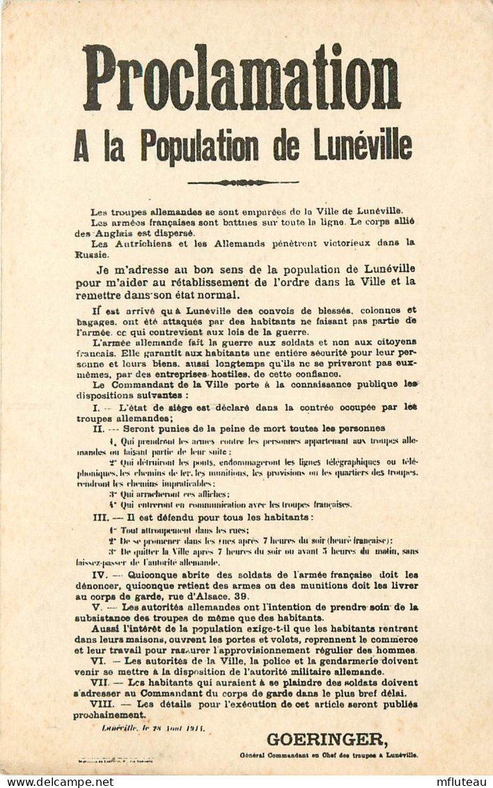 54* LUNEVILLE  Proclamation Gal Allemand « goeringer » 08/1914   RL25,0101 - Luneville