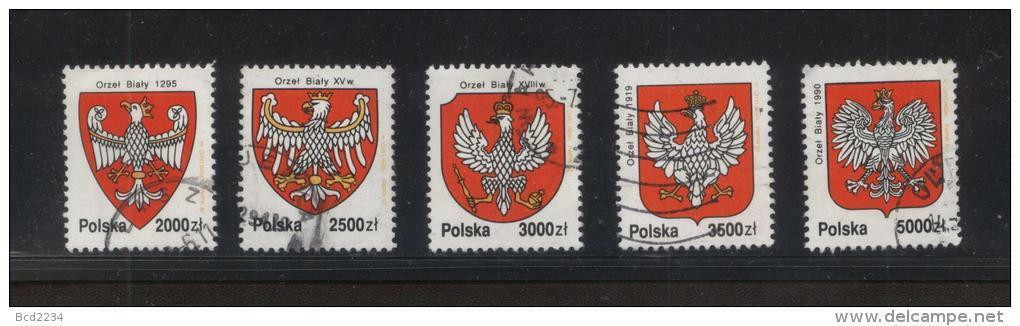 POLAND 1992 EAGLE DEFINITIVES SET OF 5 USED - Gebruikt
