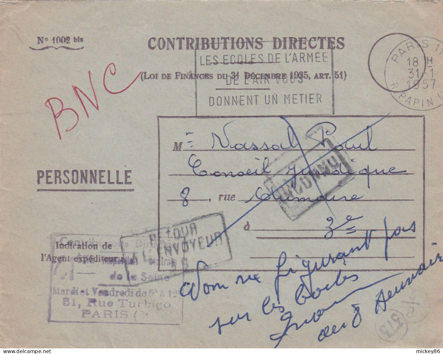 1957--lettre Franchise PARIS Pour PARIS 3°,cachet Date 31-1-1957--Contributions Directes--griffes - 1921-1960: Modern Period