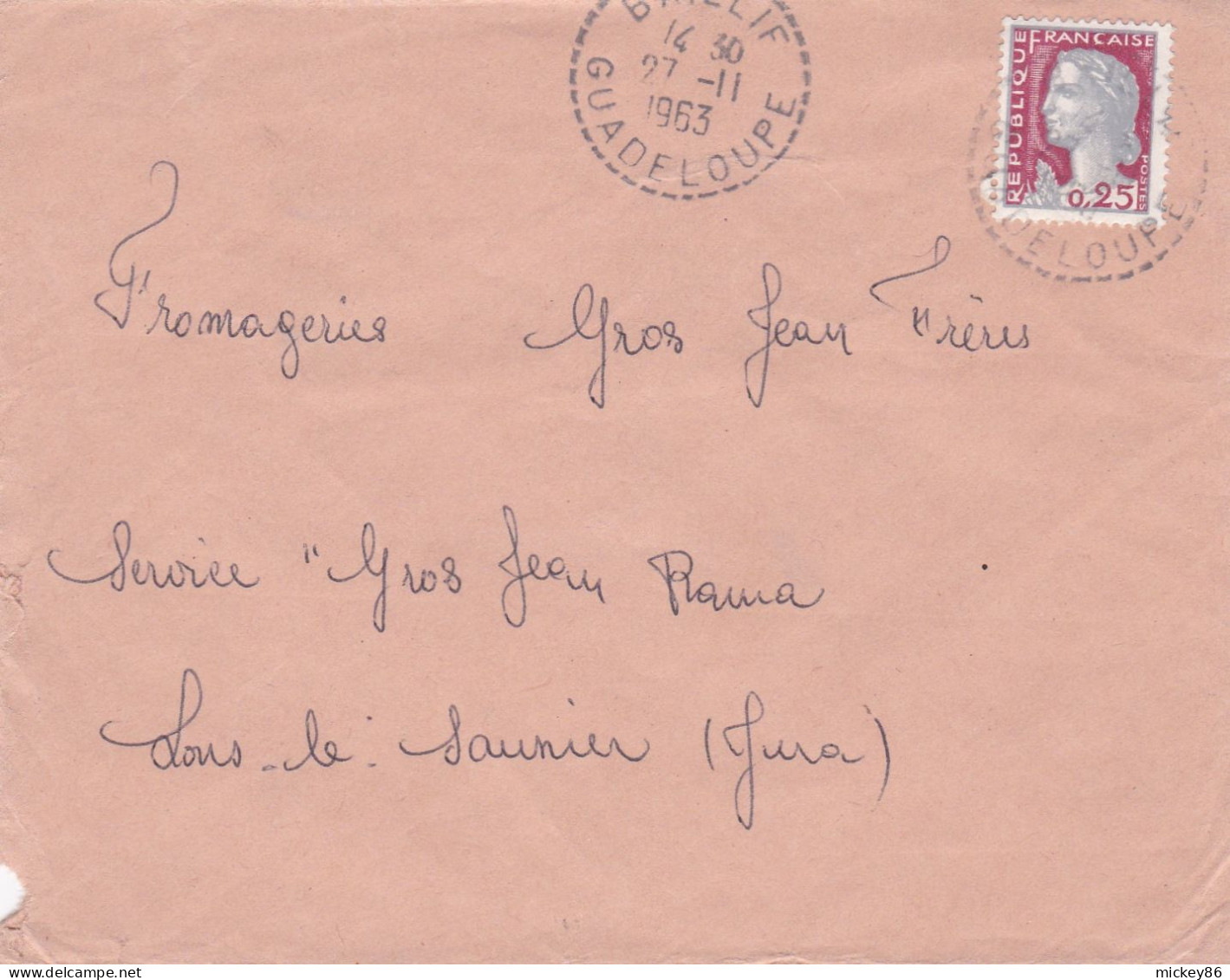 1963--lettre BAILLIF (Guadeloupe) Pour LONS LE SAUNIER-39,Marianne, Cachet 27-11-1963- - 1961-....