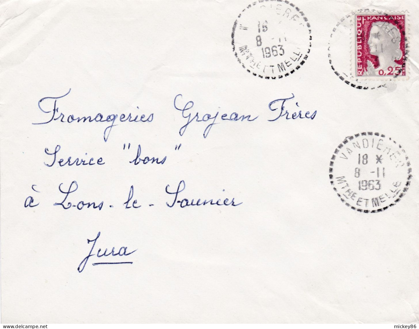 1963--lettre VANDIERES-54  Pour LONS LE SAUNIER-39,Marianne, Cachet 8-11-1963- - 1961-....