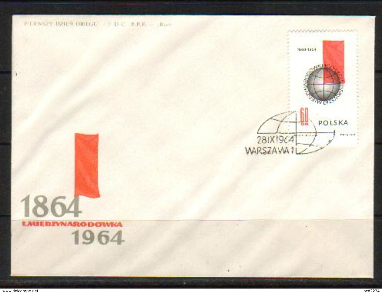 POLAND FDC 1964 100TH ANNIVERSARY 1ST INTERNATIONAL WORKINGMEN'S ASSOCIATION Trade Unions Socialist Centenary Communism - FDC