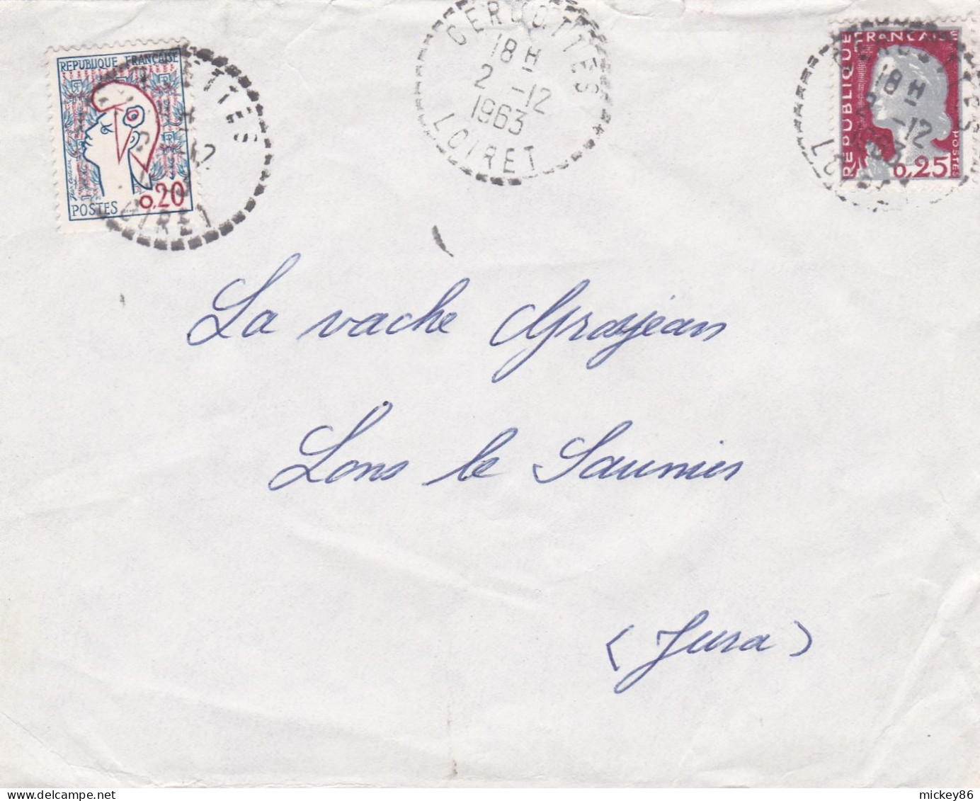 1963--lettre CERCOTTES-45  Pour LONS LE SAUNIER-39, 2 Timbres Différents  Marianne, Cachet 2-12-1963- - 1961-....