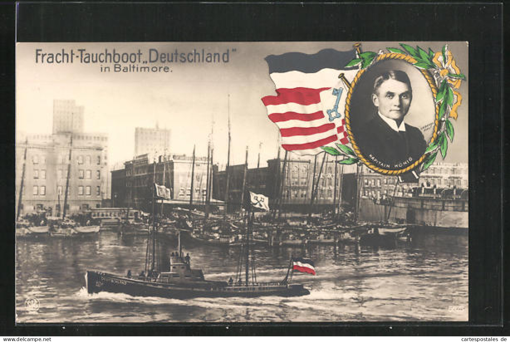 AK Baltimore, Fracht-Tauchboot Deutschland Im Hafen, Portrait Kapitain König  - Guerre