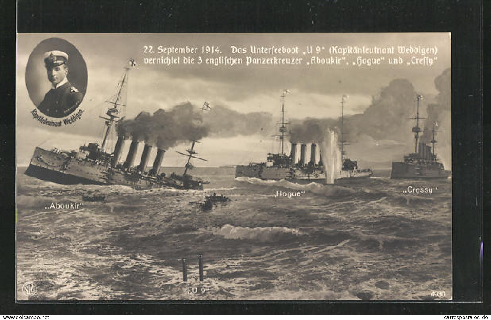 AK U-Boot U9 Vernichtet Die Englischen Kreuzer Hogue, Cressy & Aboukir Unter Kapitän Weddigen 1914  - Krieg